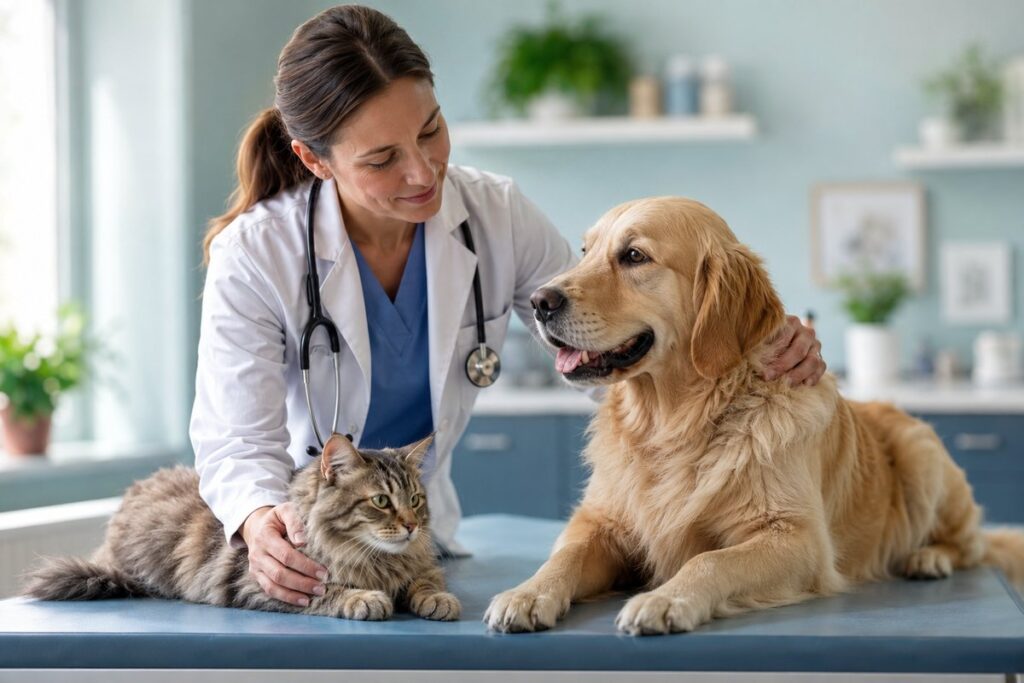 Veterinária examinando um cão e um gato saudáveis em clínica — plano de saúde pet