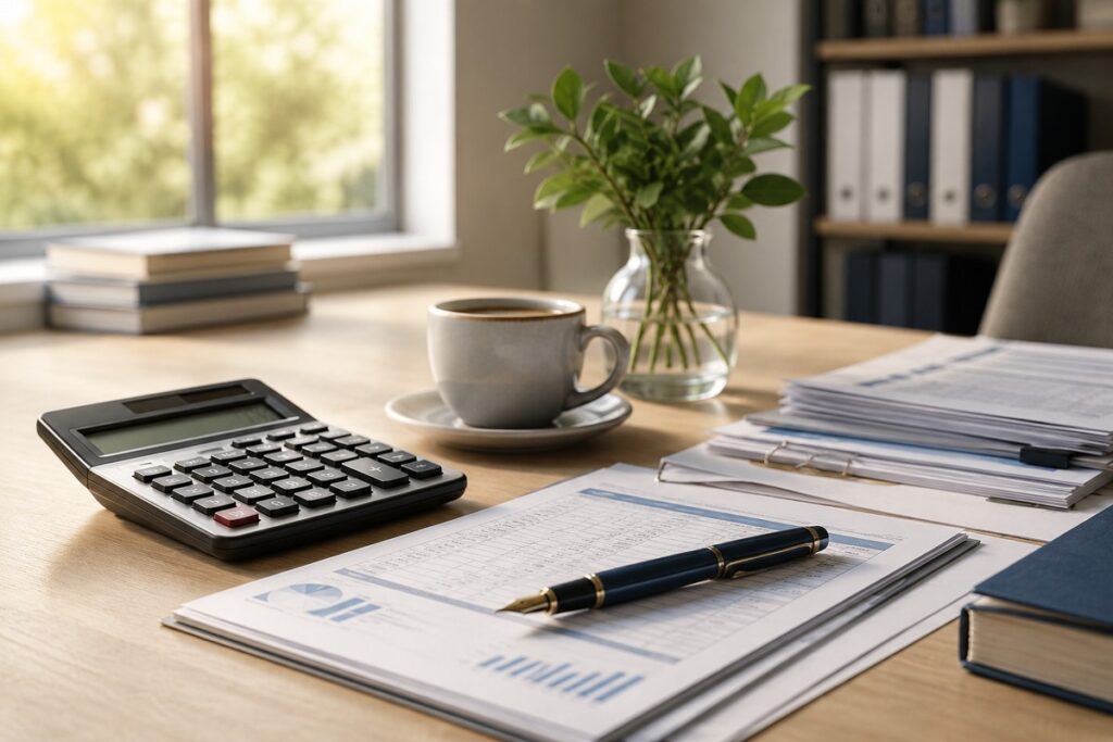 Mesa de escritório com calculadora, planilhas e documentos representando a precificação de plano funerário