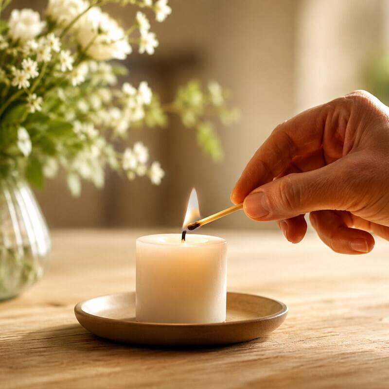 Mão acendendo uma vela branca ao lado de flores, representando homenagem e cuidado na cremação