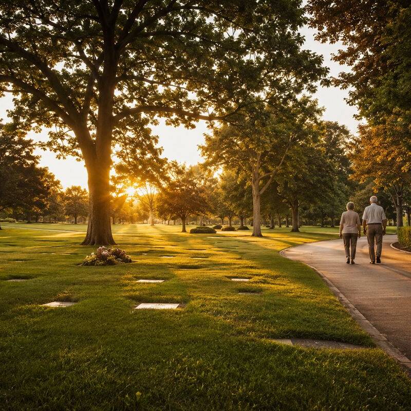 Cemitério parque sereno ao amanhecer com jazigos sob o gramado e casal caminhando ao longe