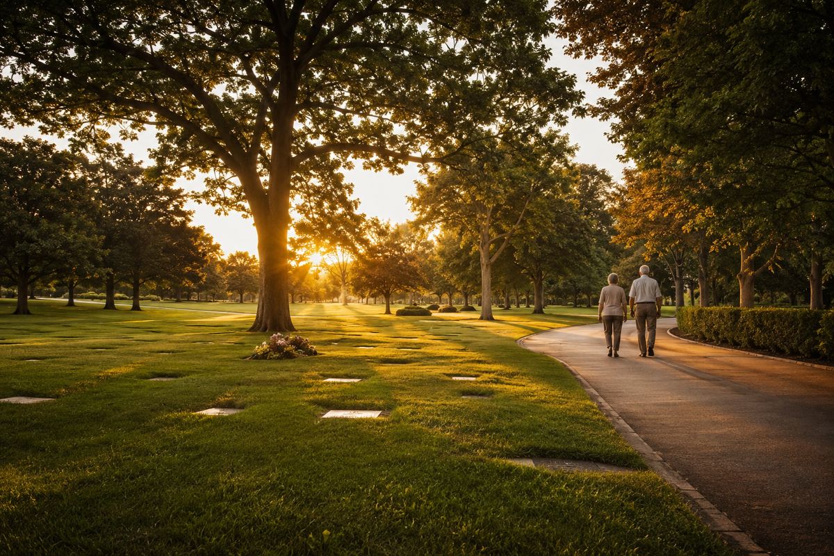 Cemitério parque sereno ao amanhecer com jazigos sob o gramado e casal caminhando ao longe