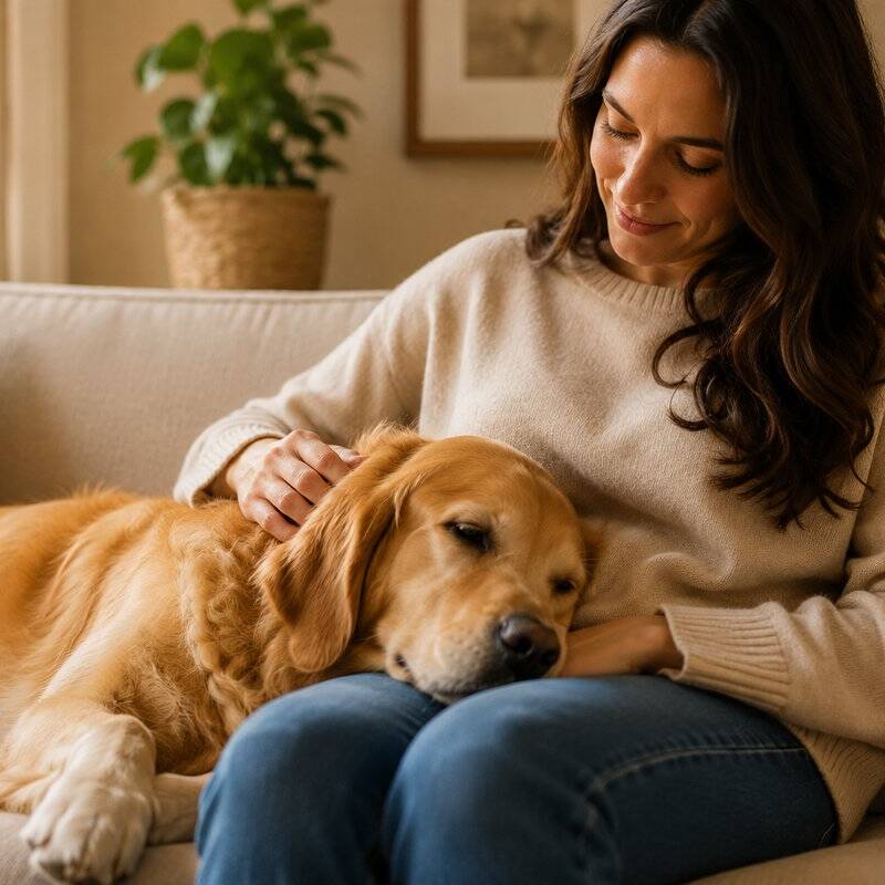 Tutora acariciando seu cachorro golden retriever no sofá — cremação pet e plano funerário pet