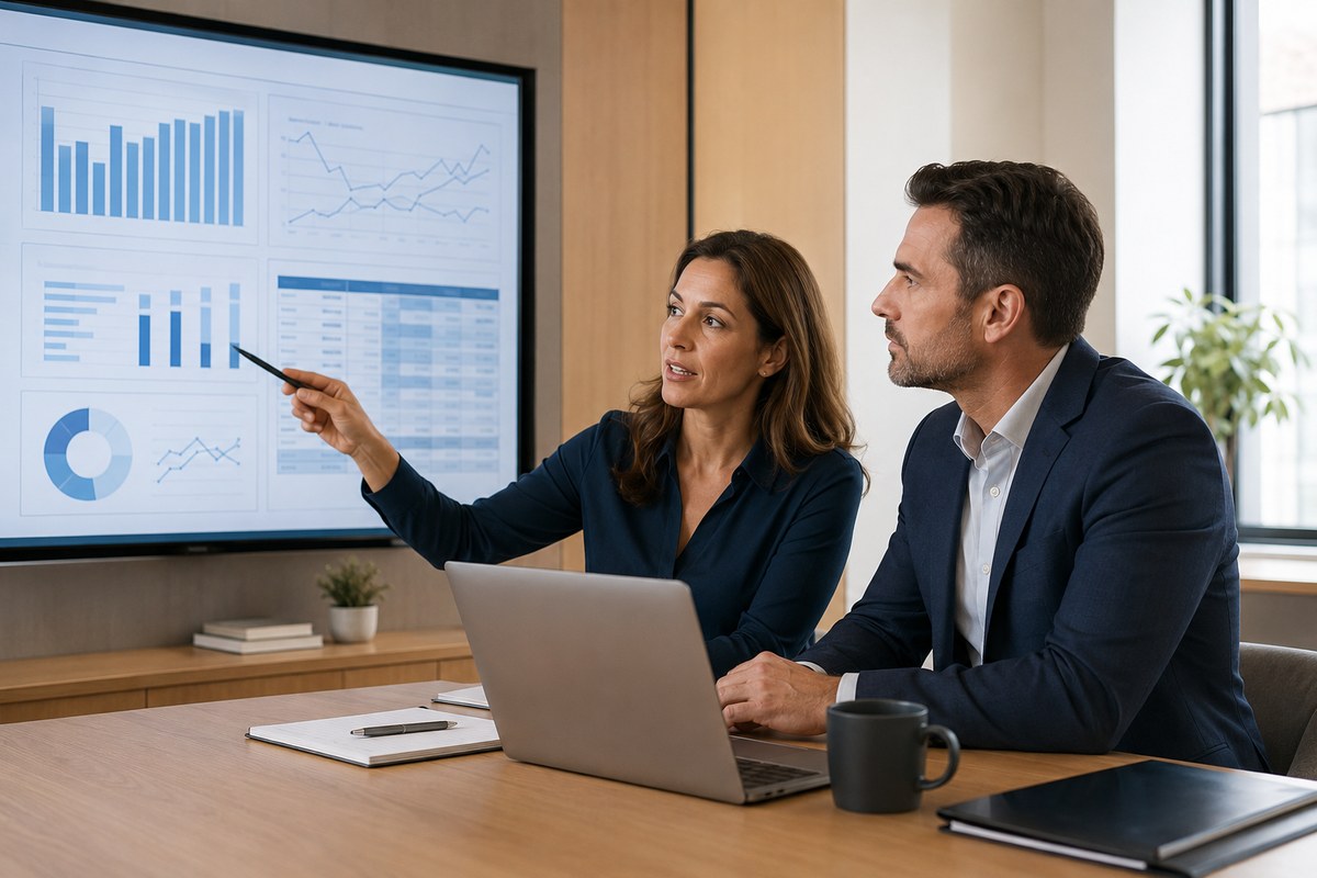 Gestores analisando indicadores e dados de contratos em um escritório corporativo
